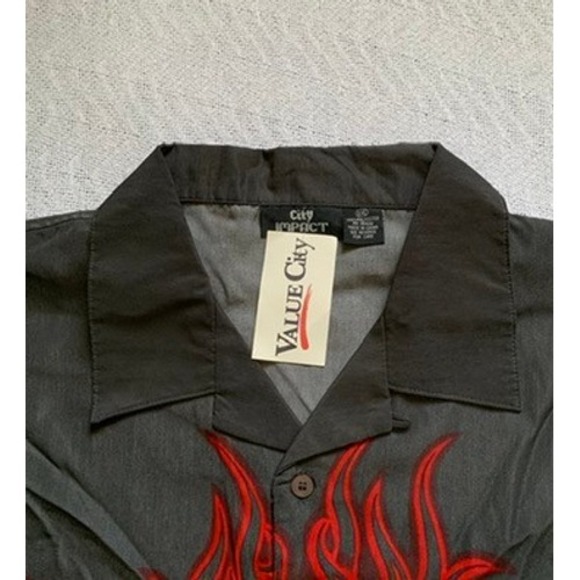 VTG Y2K City Impact Shirt Mens 2XL Black Button Up Flame Skull Hotrod 8 ball NWT - Picture 4 of 4